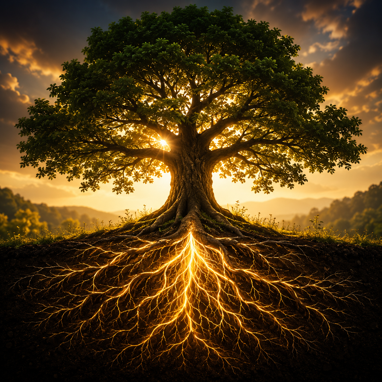 A tree with glowing golden roots reaching deep into the earth — symbolizing legacy, foundation, and future growth.