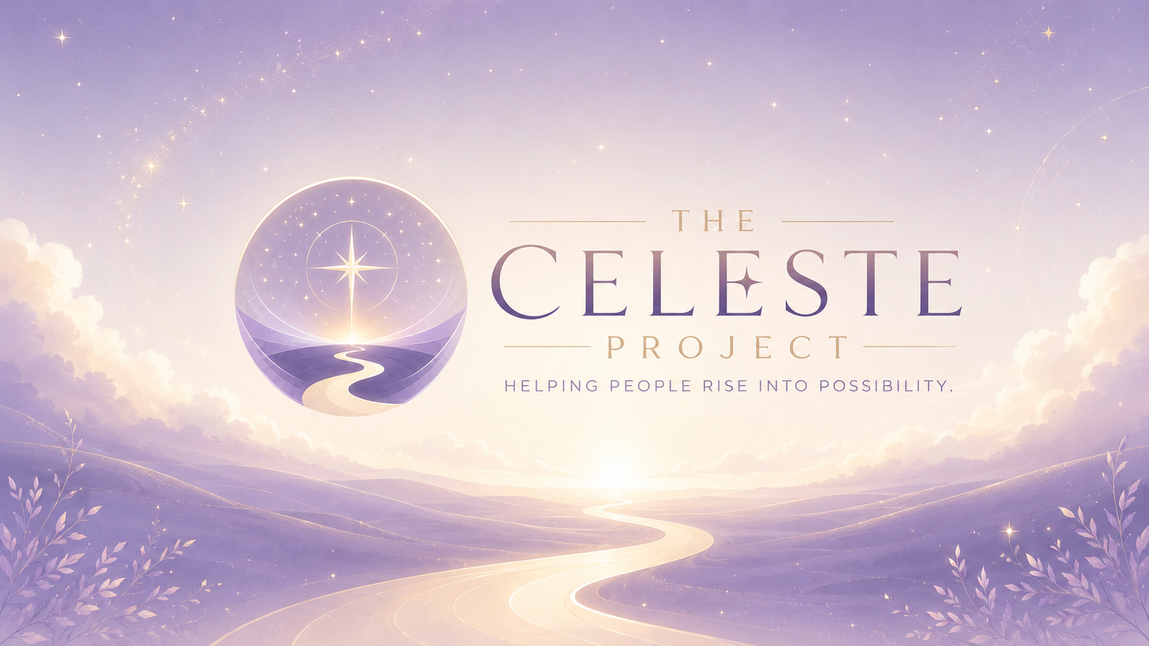 Celestial scene with the Celeste Project mark above a winding path rising toward a glowing horizon